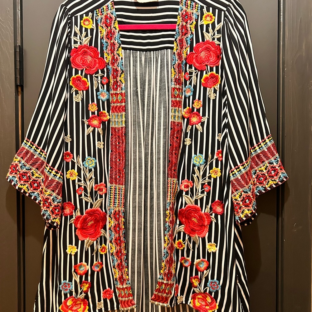 Savanna Jane Black and White Striped Tunic with Multicolored Floral Embroidery